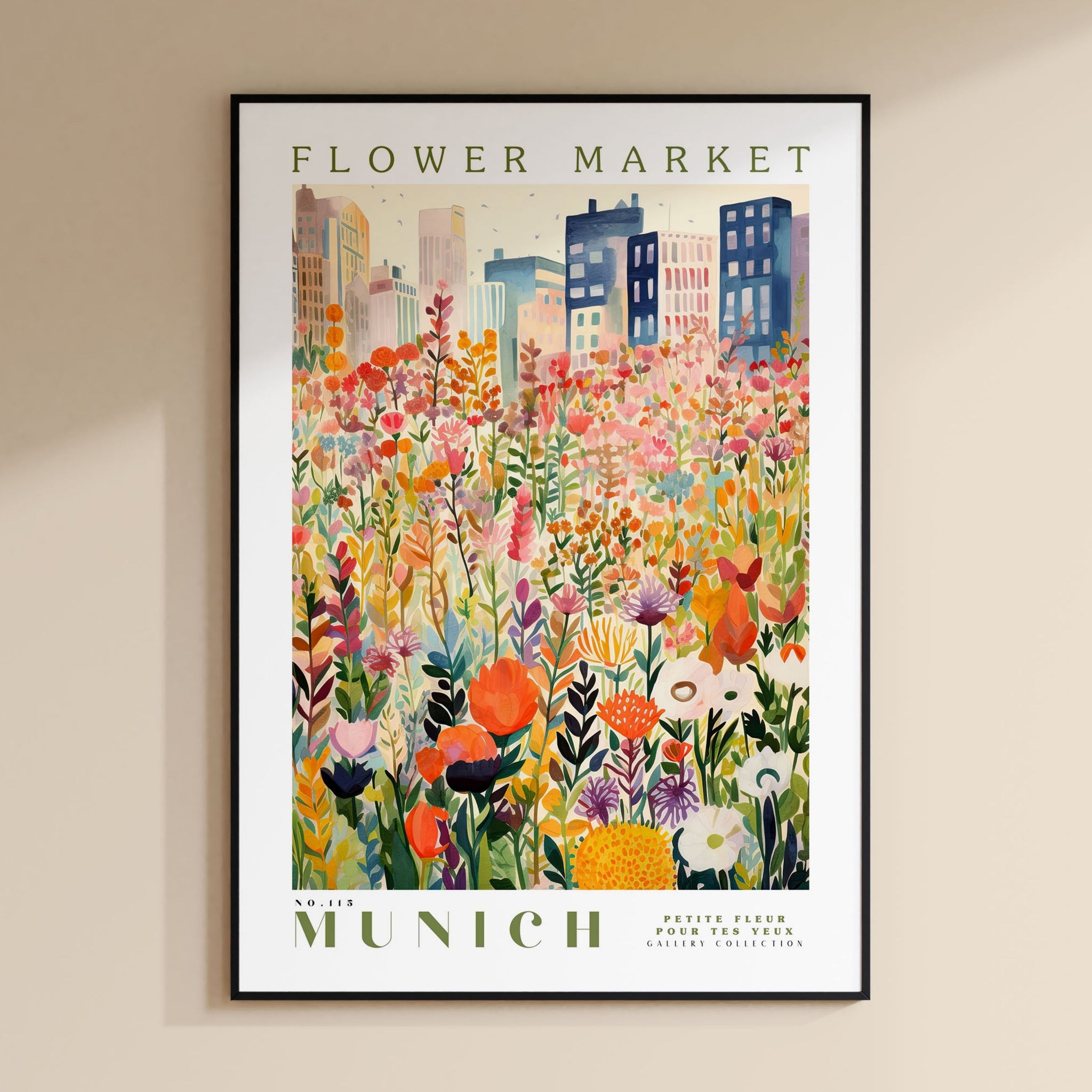a flower market poster hangs on a wall