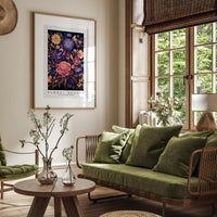 a living room filled with furniture and a painting on the wall