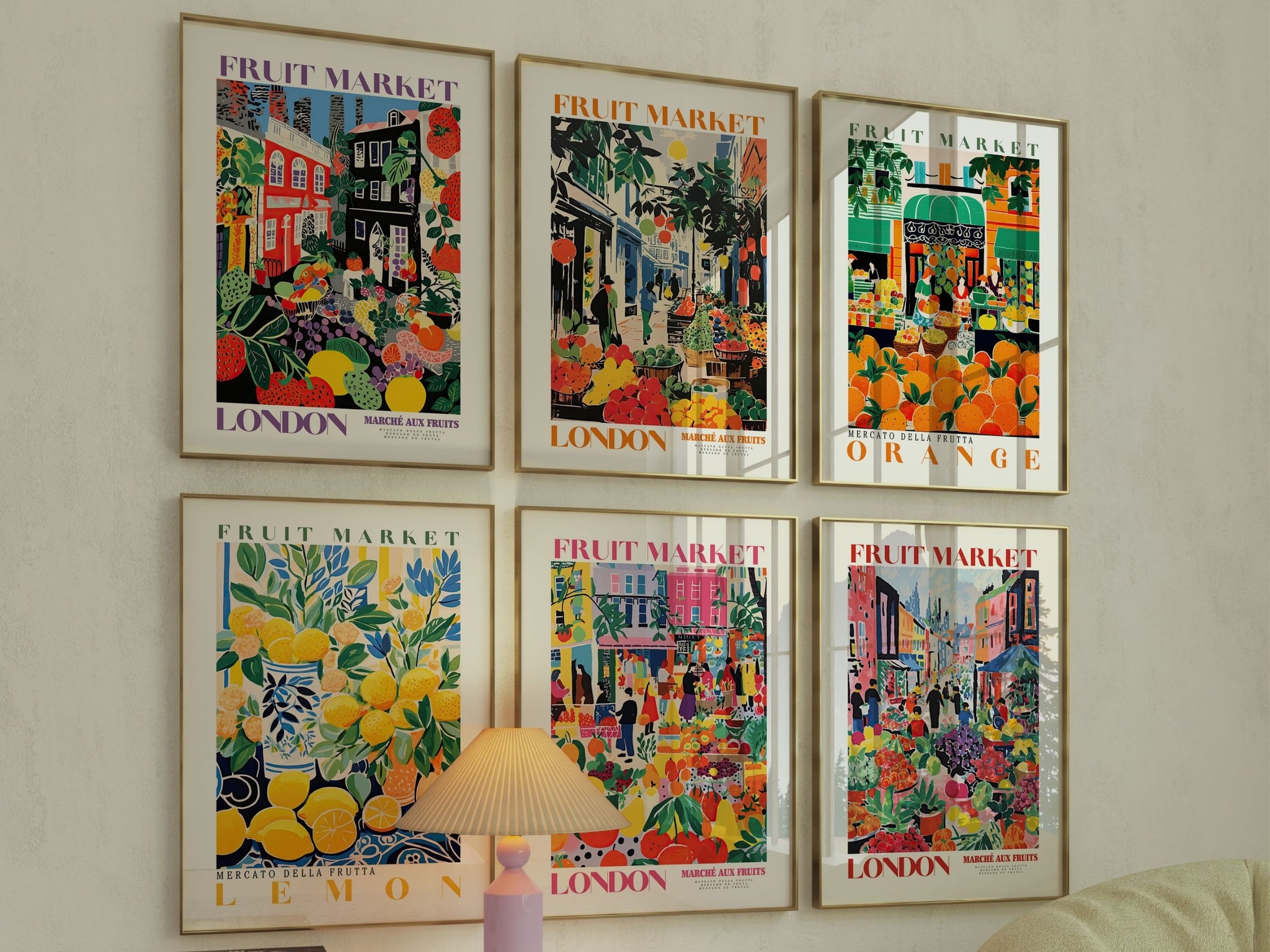 Fruit Market London, London Poster, London Prints, Fruit Market Poster, Fruit Market Print, Abstract Fruit Art, Yellow and Pink, London City