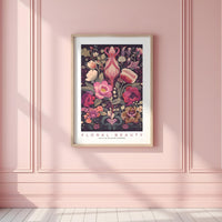 a pink room with a pink wall and a floral print on the wall