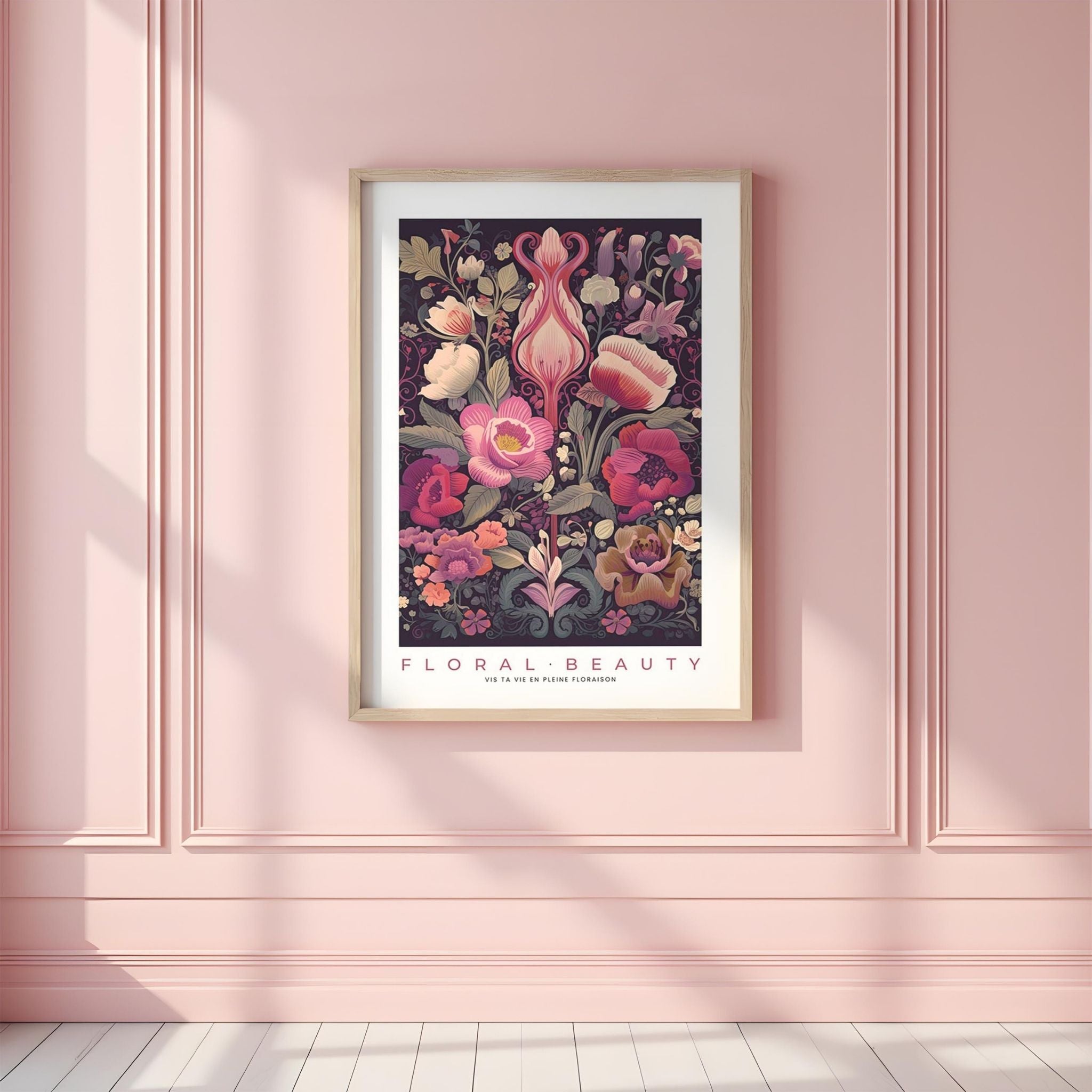 a pink room with a pink wall and a floral print on the wall