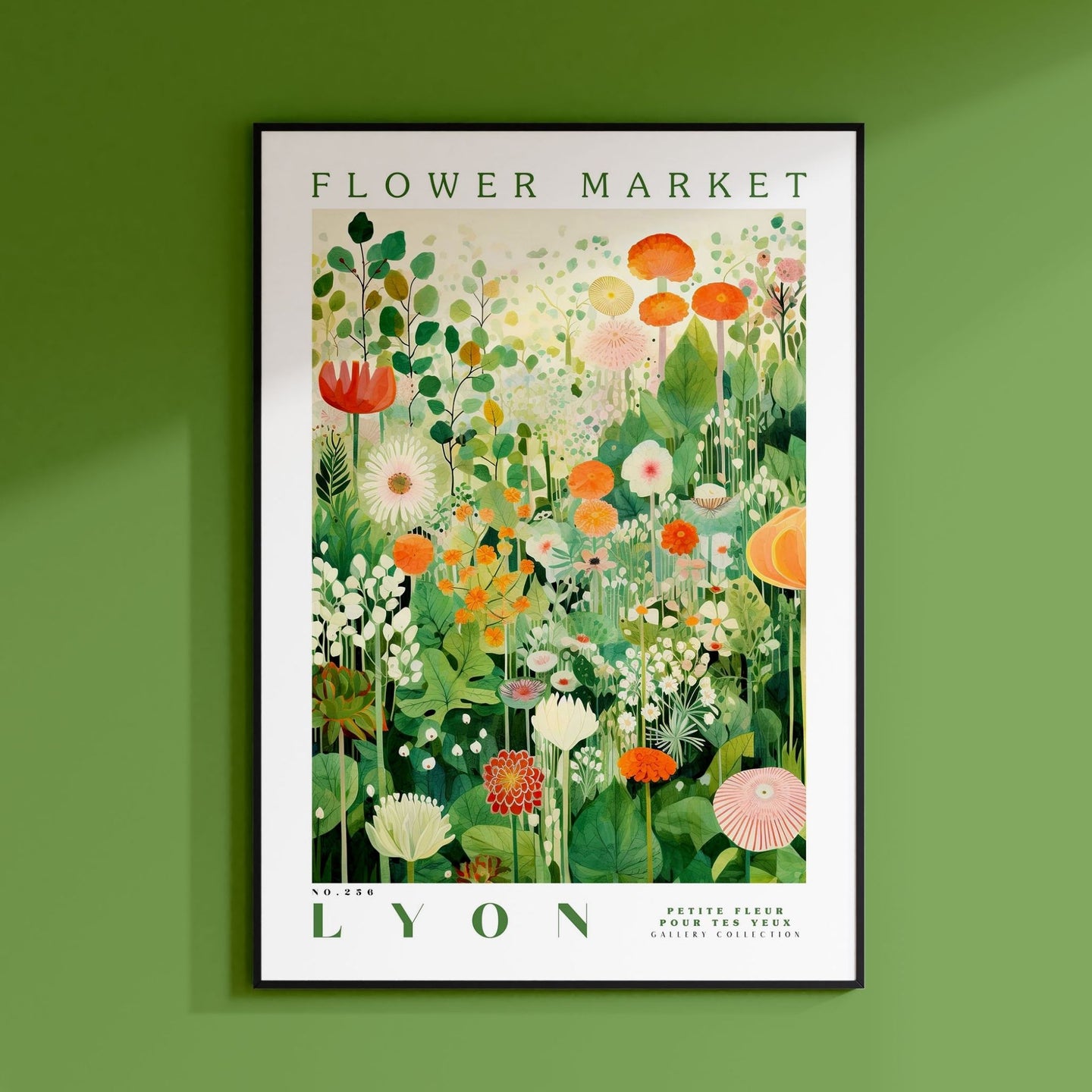 a flower market poster hangs on a green wall