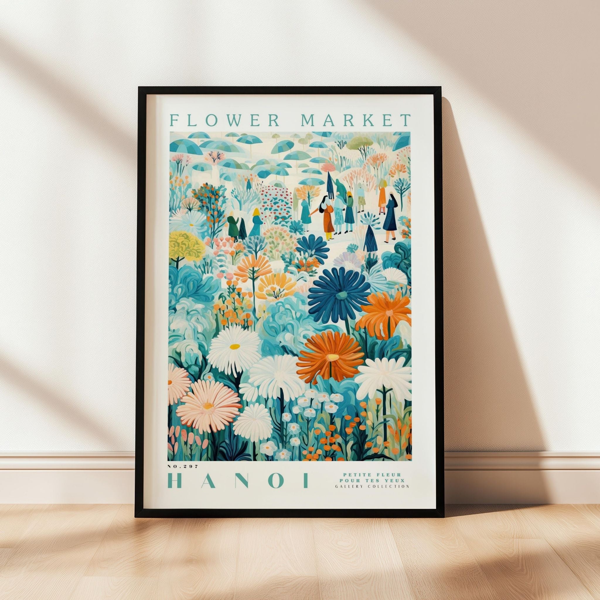 a flower market poster hanging on a wall