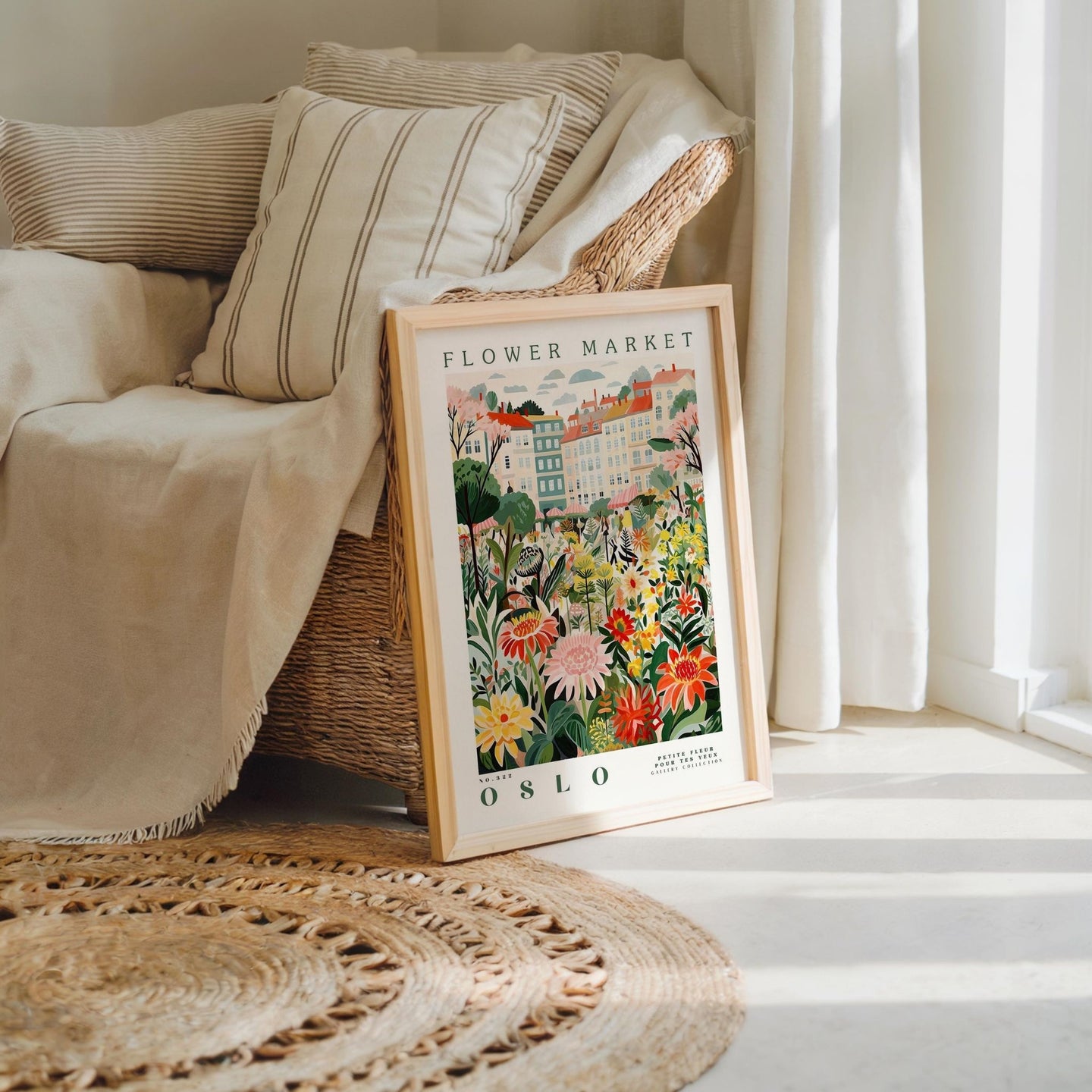 a picture of a flower market on display in front of a window