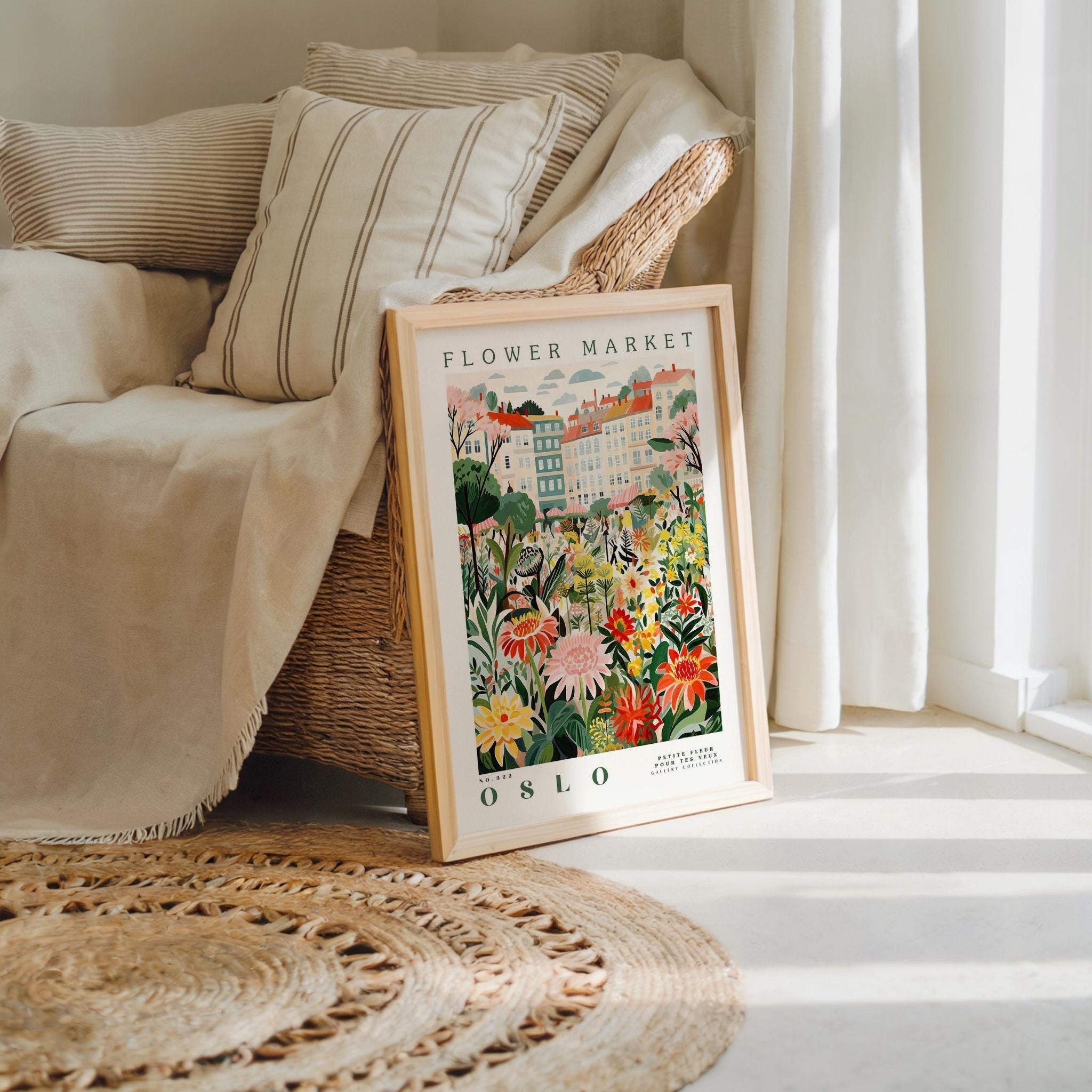 a picture of a flower market on display in front of a window