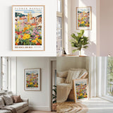 two pictures of a living room with flowers on the wall
