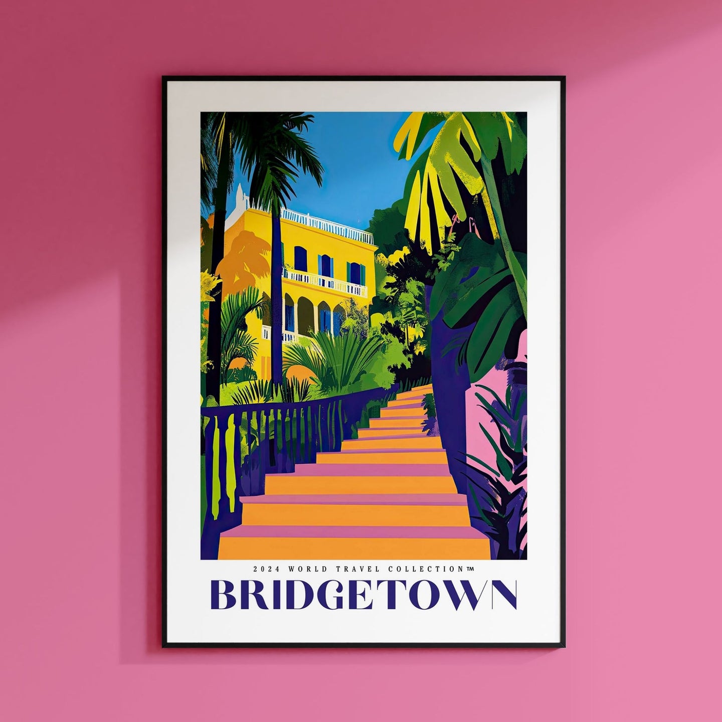 a pink wall with a poster of a house
