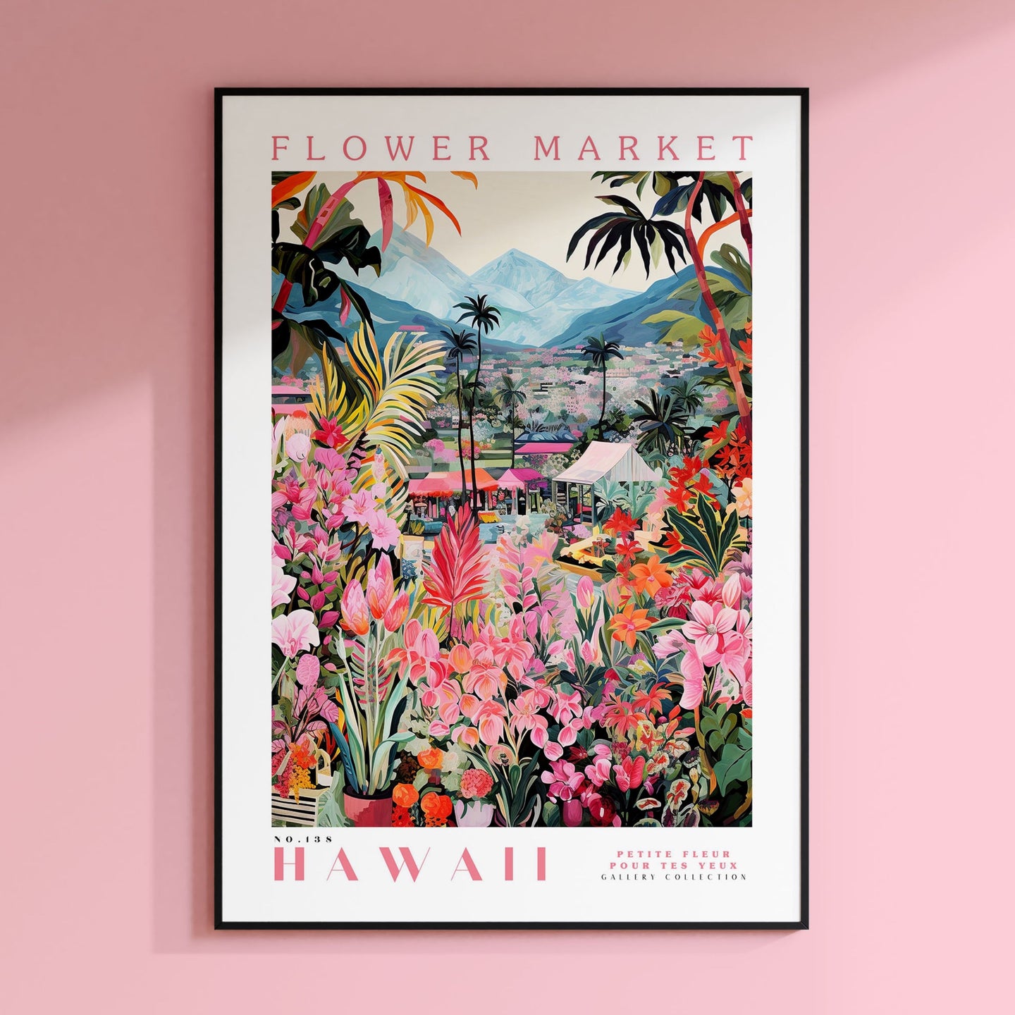 a pink wall with a flower market poster on it