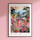 a pink wall with a flower market poster on it