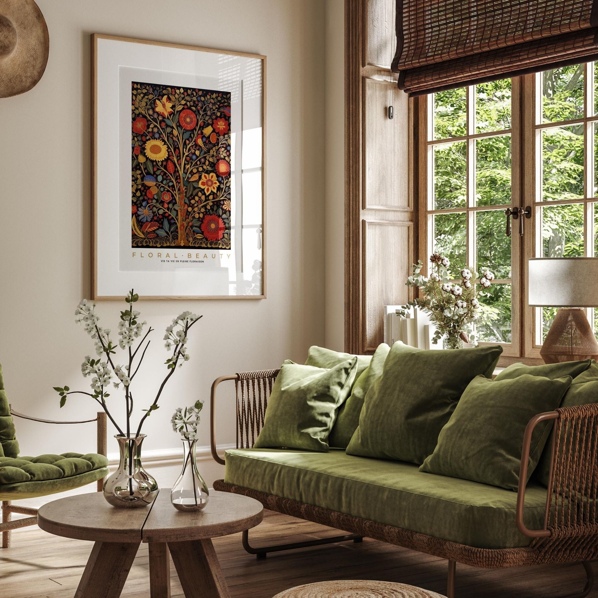 a living room filled with furniture and a painting on the wall