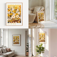 a collage of photos of a living room with flowers on the wall