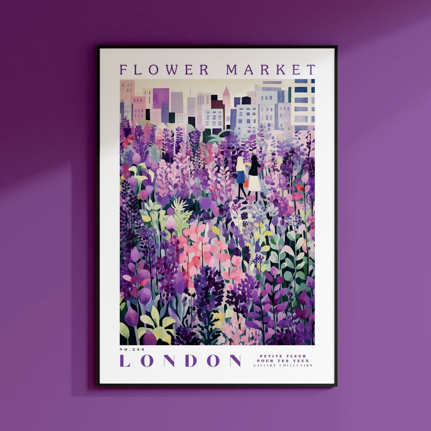a purple flower market poster hangs on a purple wall