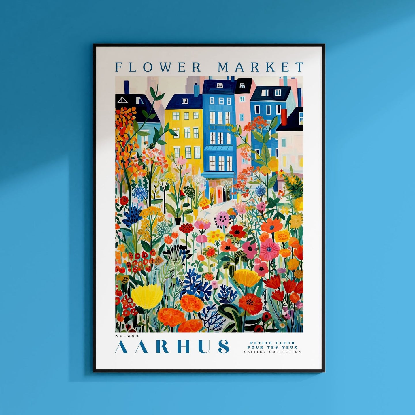 a blue wall with a poster of a flower market