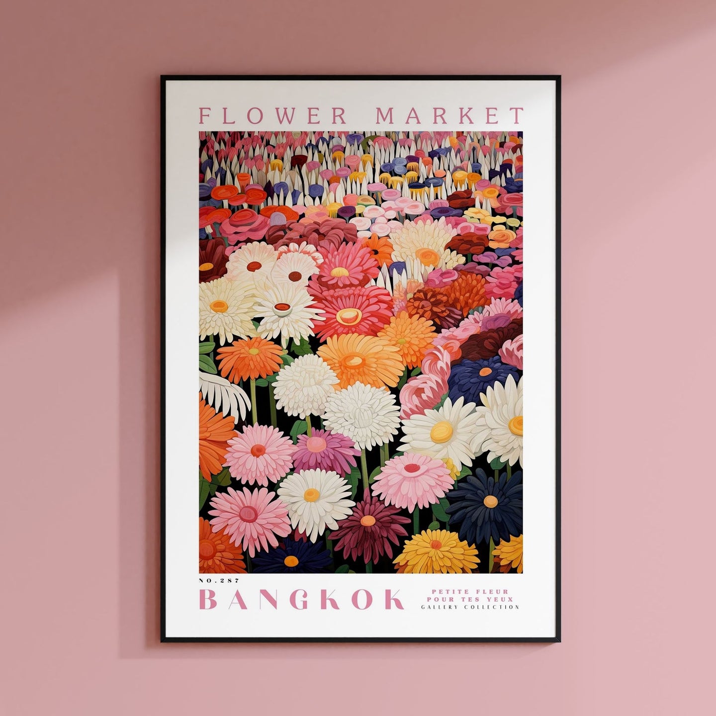 a flower market poster hanging on a pink wall
