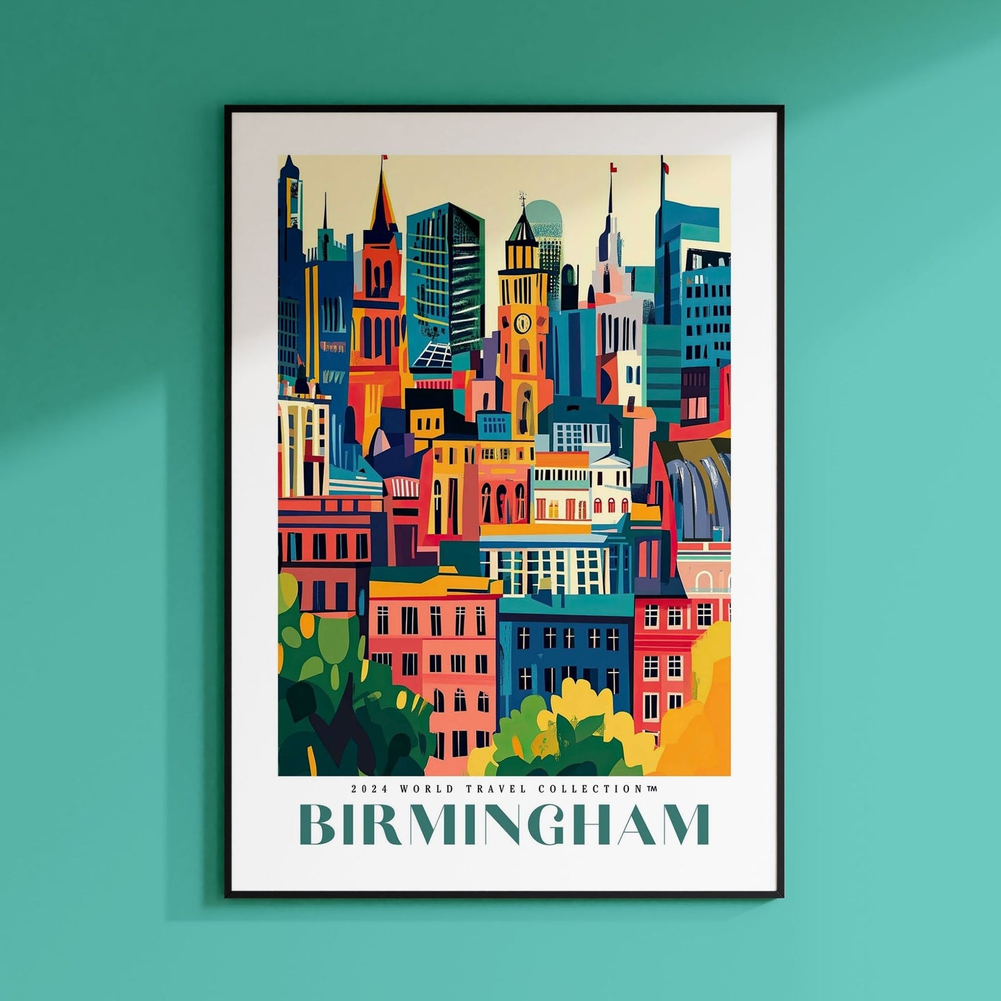 a framed poster of a cityscape on a green wall