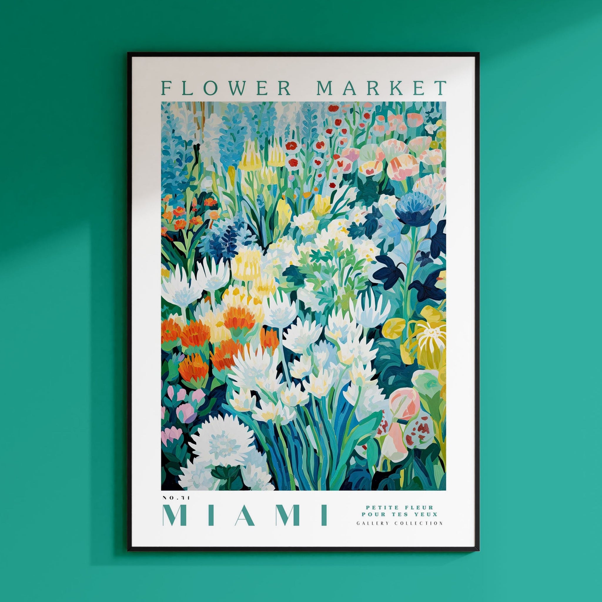 a flower market poster hanging on a wall