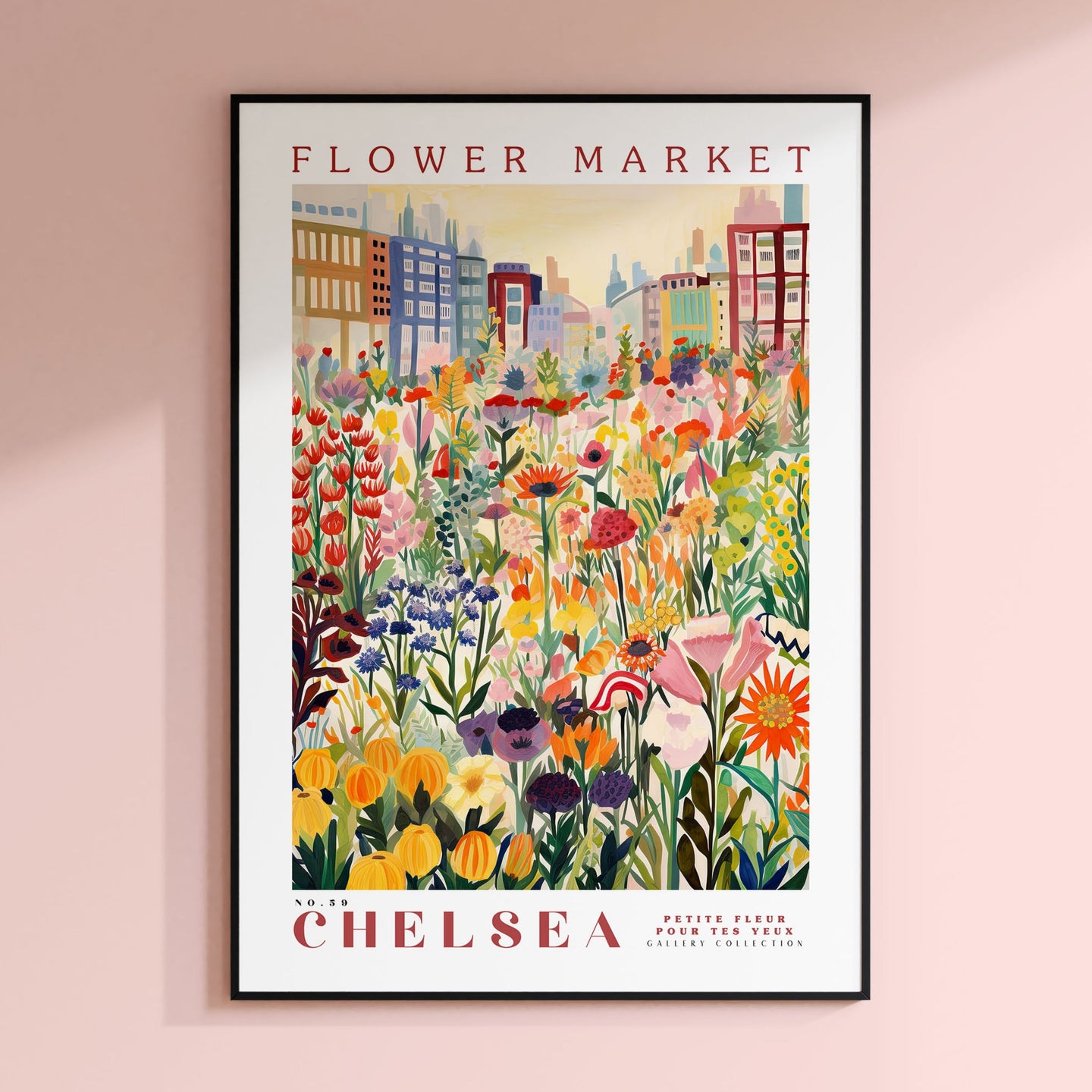 a flower market poster hangs on a wall