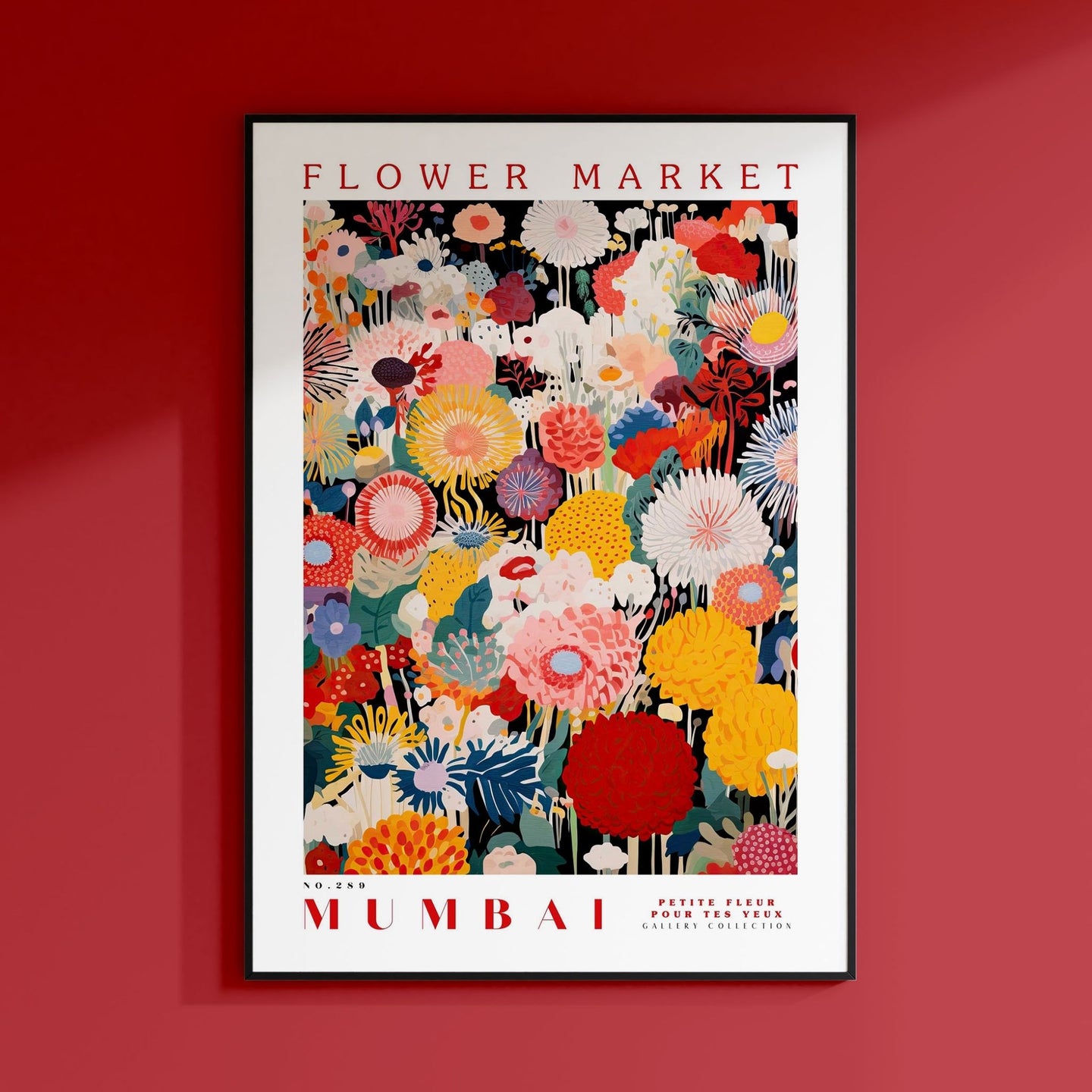 a flower market poster hanging on a red wall