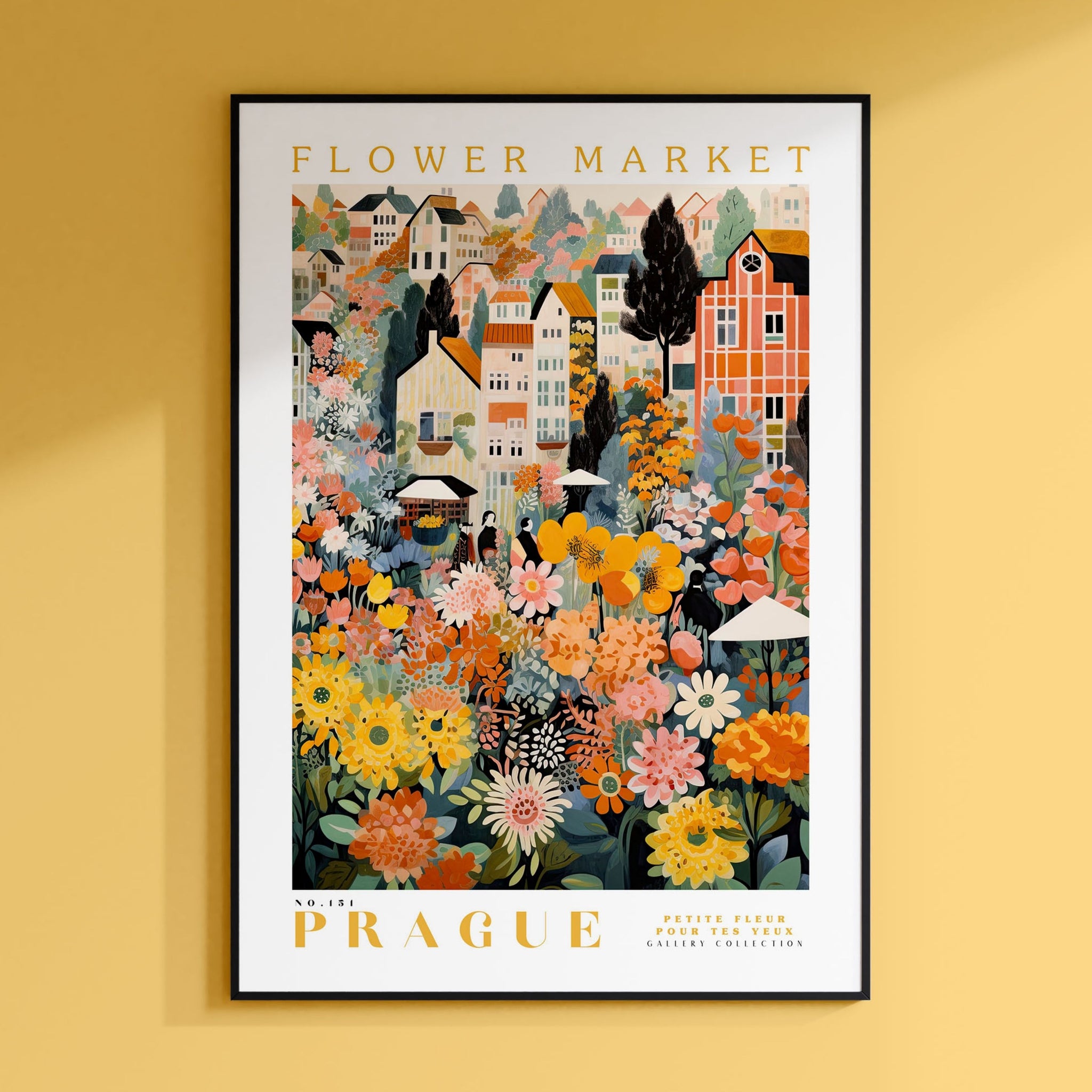 a flower market poster hangs on a wall