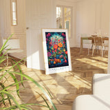 a picture of a room with a painting on the wall