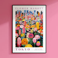 a pink wall with a flower market poster on it