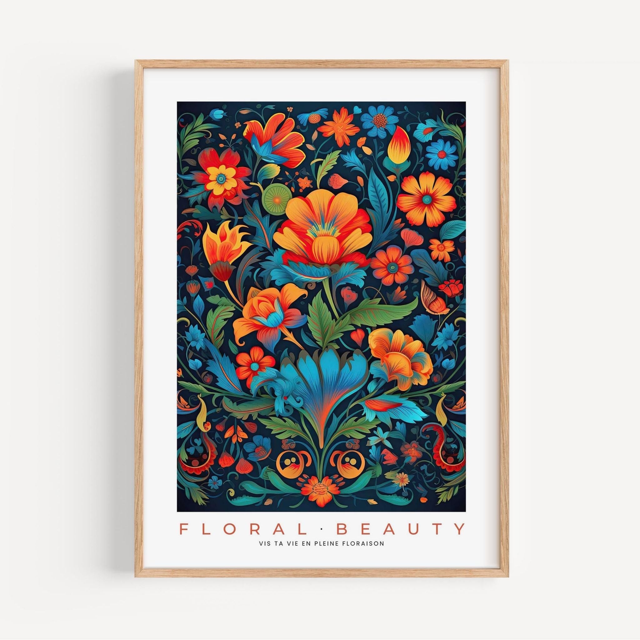a framed poster with a floral design on it