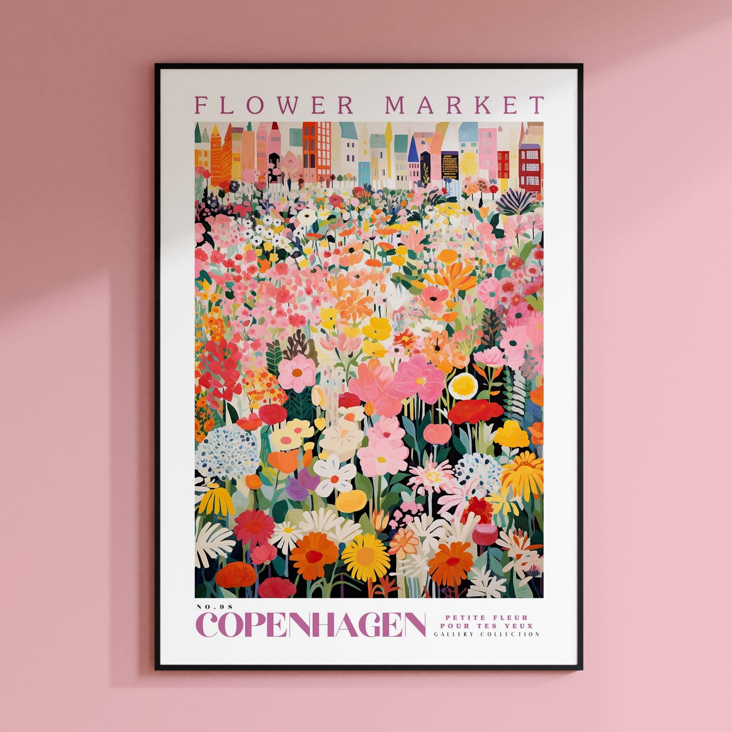 a pink wall with a poster of a flower market