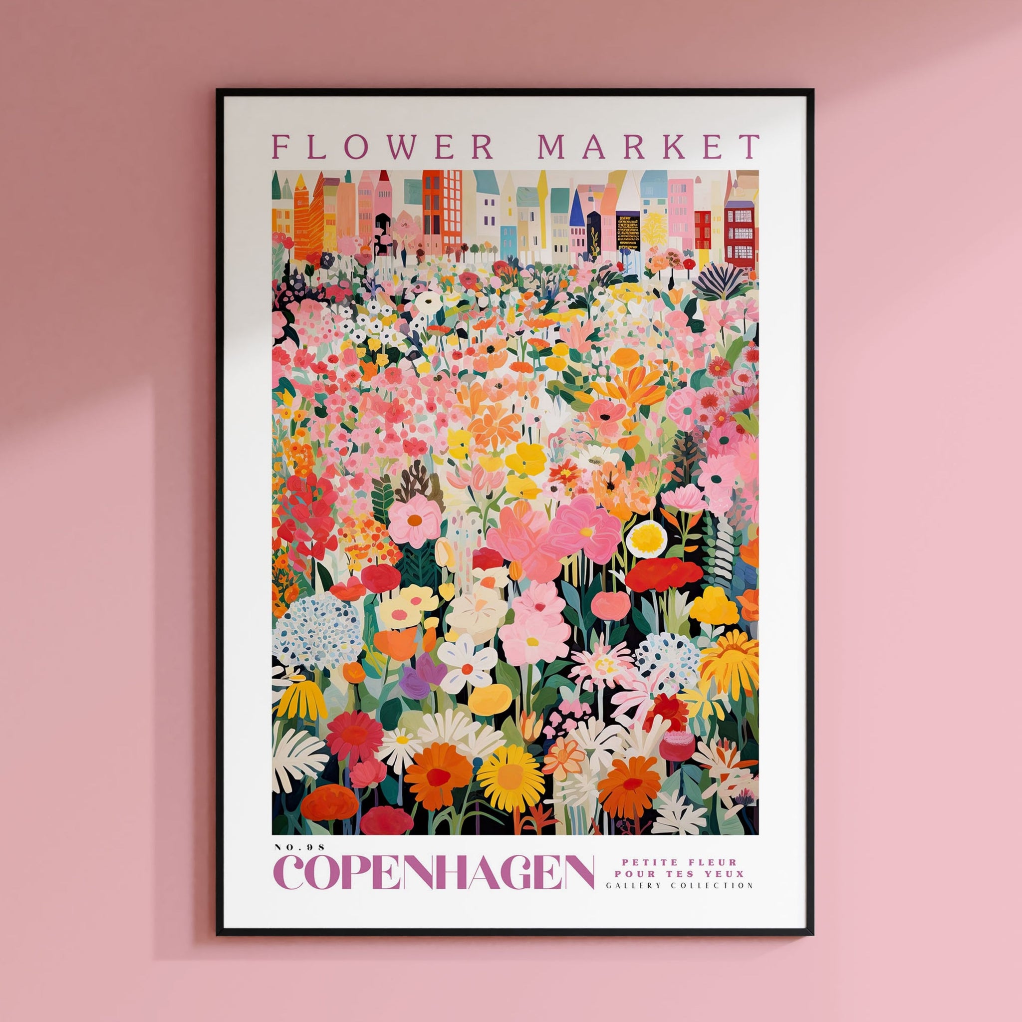 a pink wall with a poster of a flower market