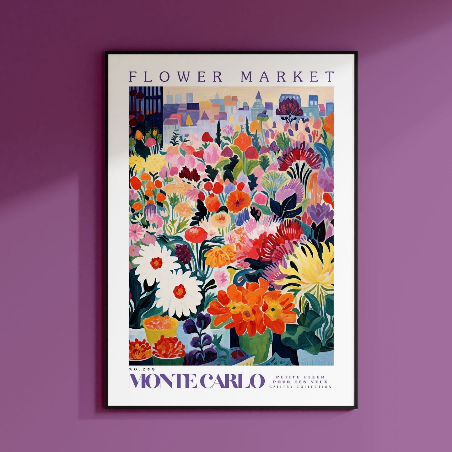 a flower market poster hangs on a purple wall