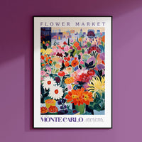 a flower market poster hangs on a purple wall