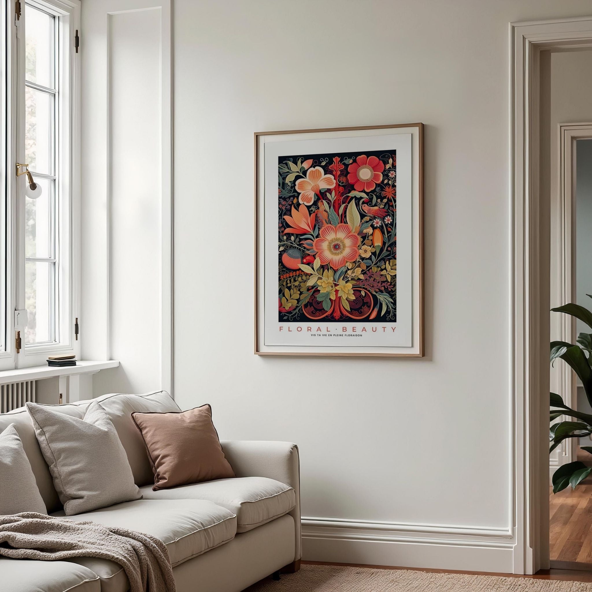 a living room with a couch and a painting on the wall