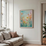 a living room with a couch and a painting on the wall