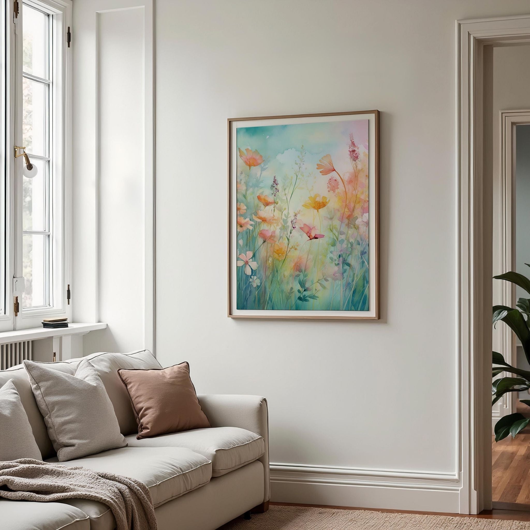 a living room with a couch and a painting on the wall
