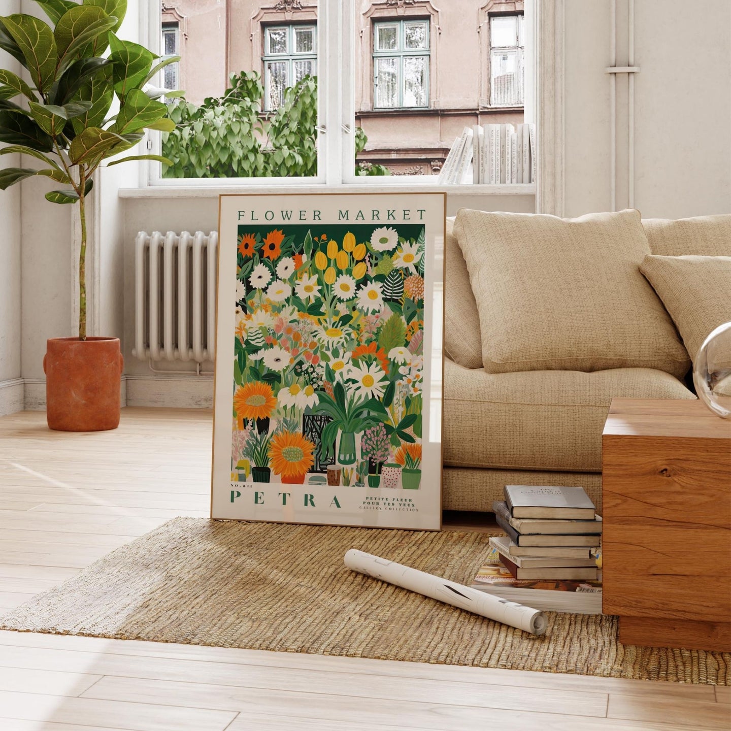a living room with a couch and a painting on the wall