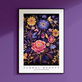 a purple wall with a picture of flowers on it