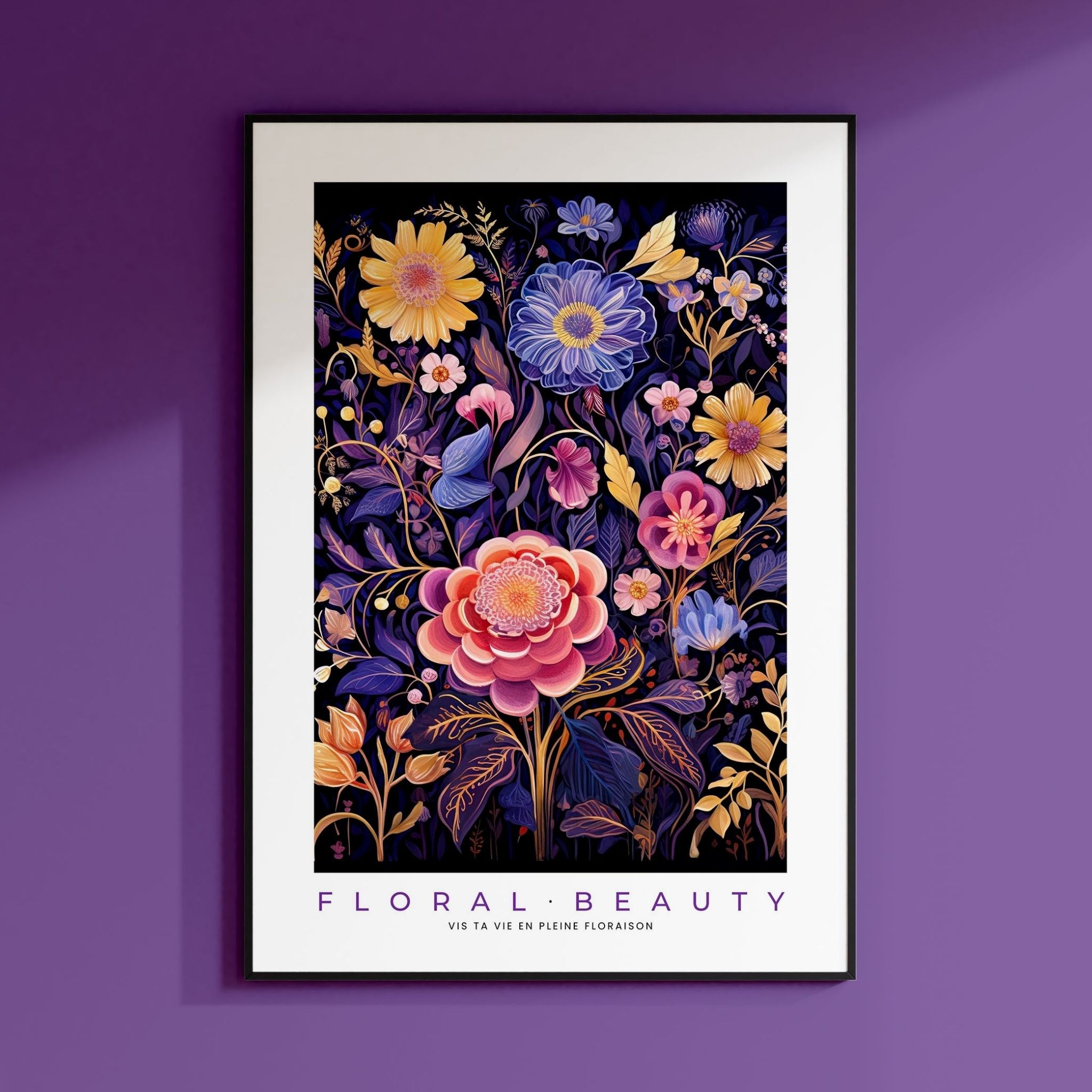 a purple wall with a picture of flowers on it