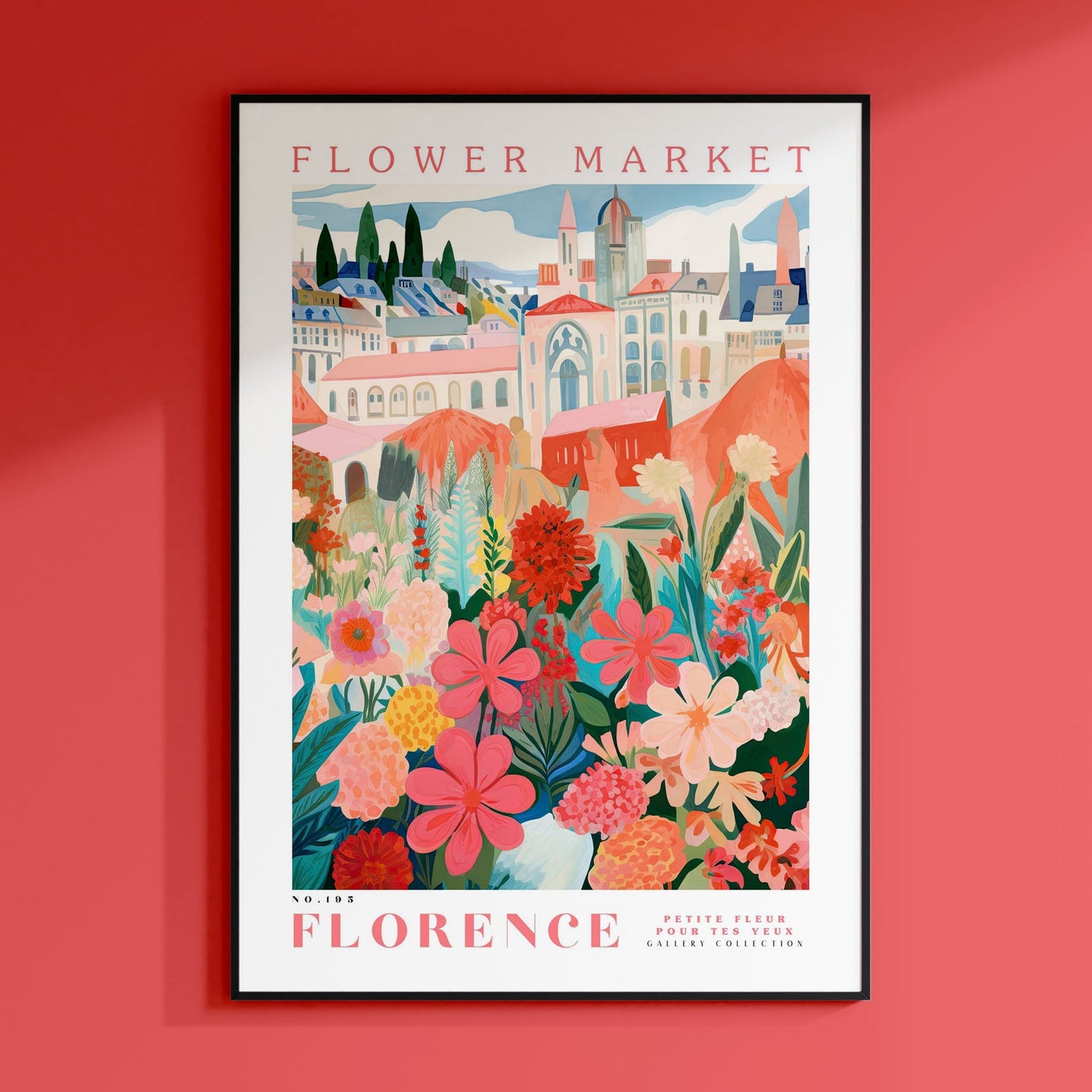 a flower market poster hangs on a red wall