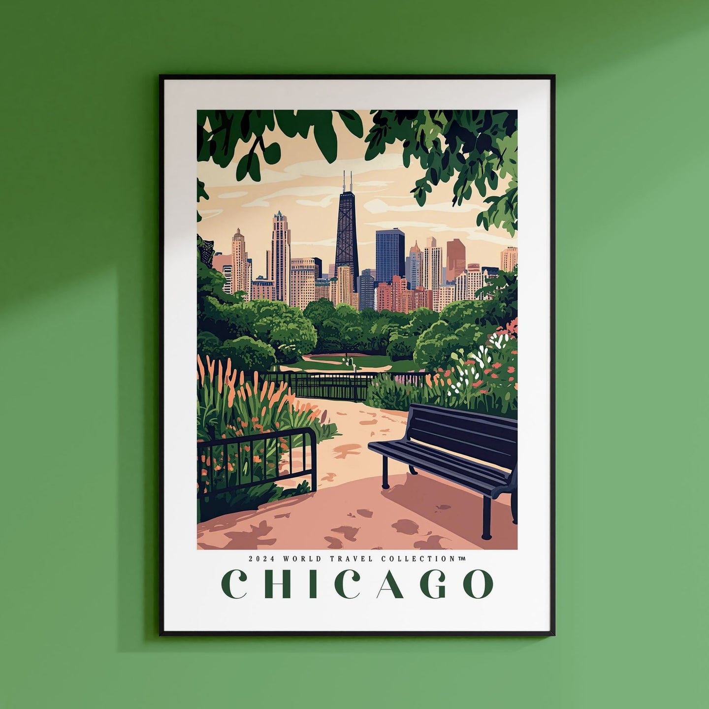 a poster of a park bench in front of a city skyline