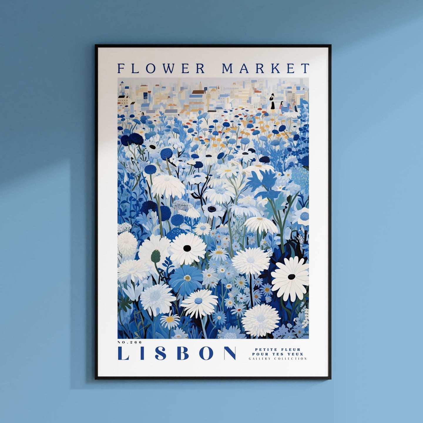 a blue and white flower market poster hanging on a wall