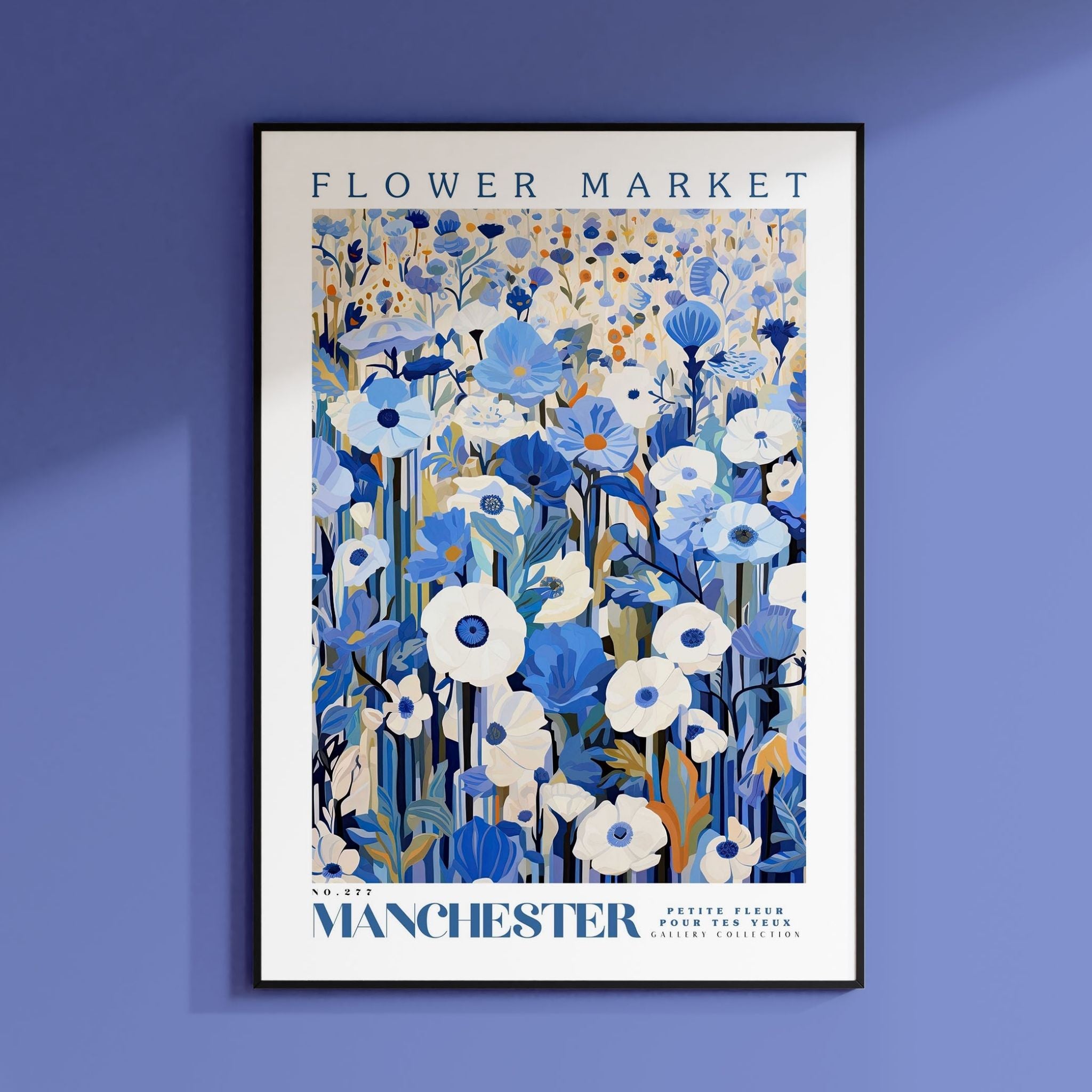 a blue and white flower market poster hanging on a wall
