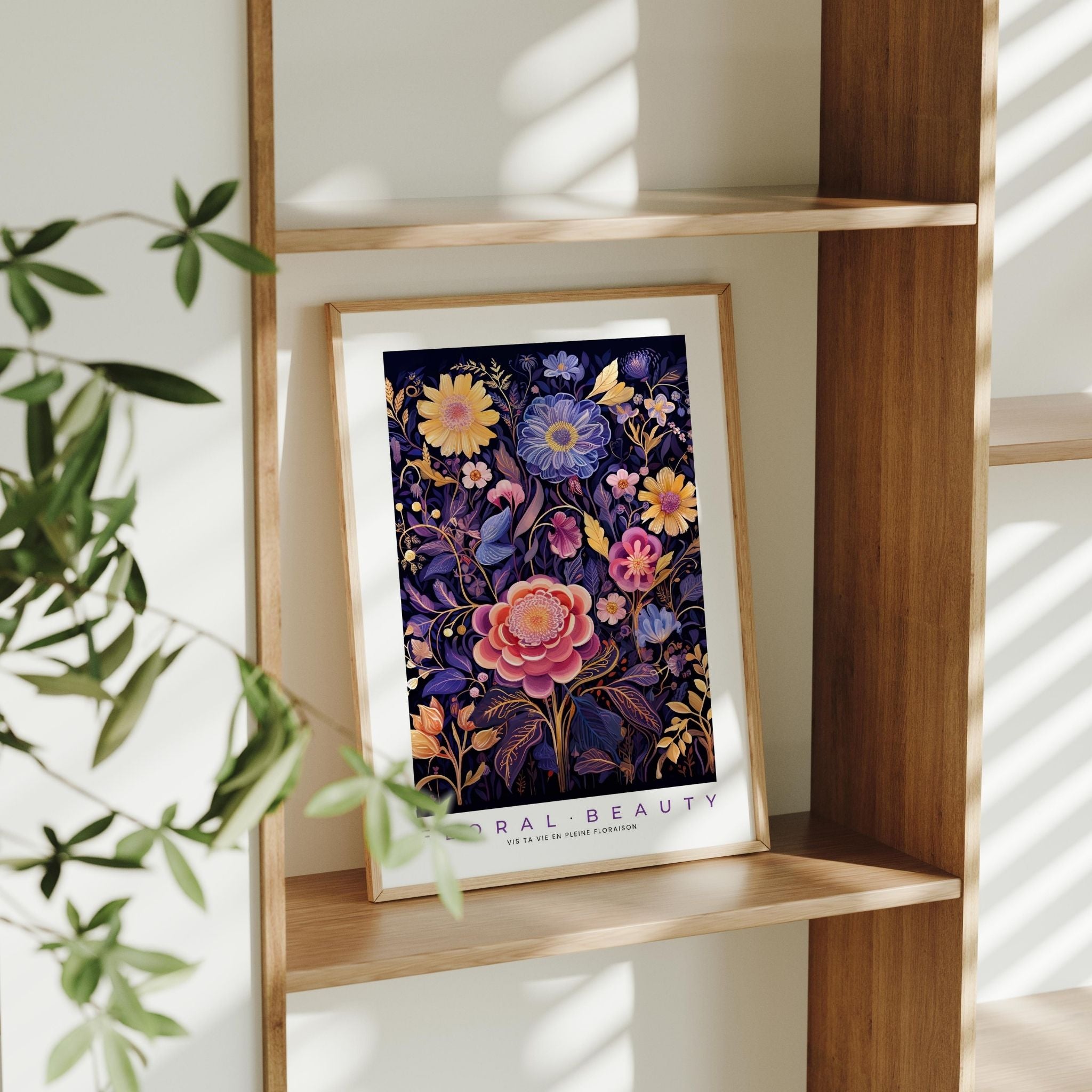 a picture of a painting of flowers on a shelf