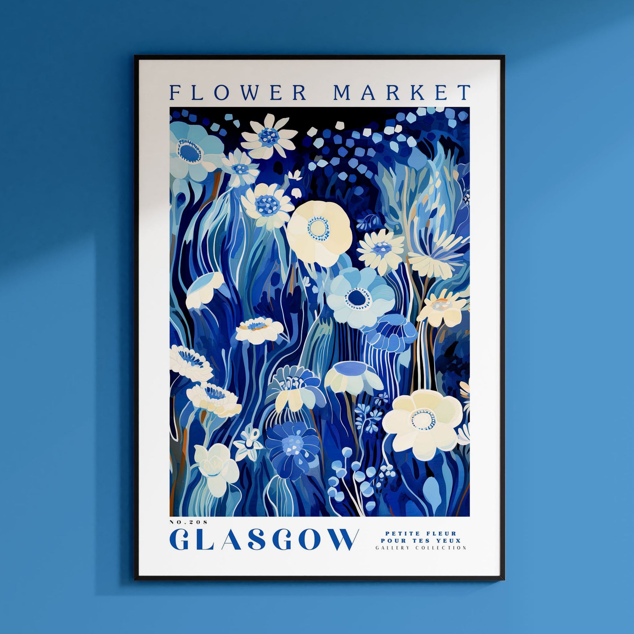 a poster of flowers on a blue wall