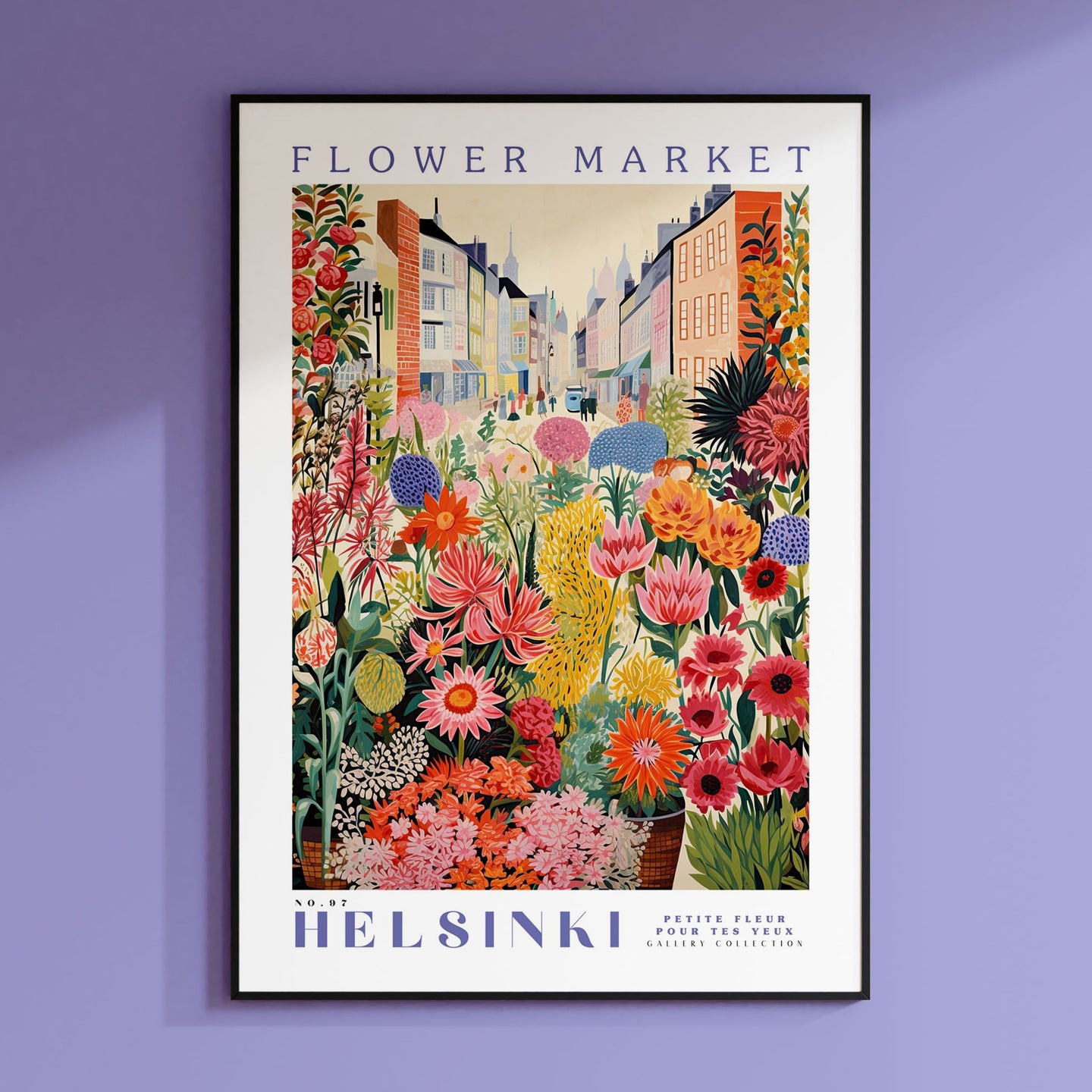 a flower market poster hangs on a purple wall