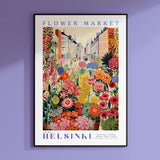 a flower market poster hangs on a purple wall