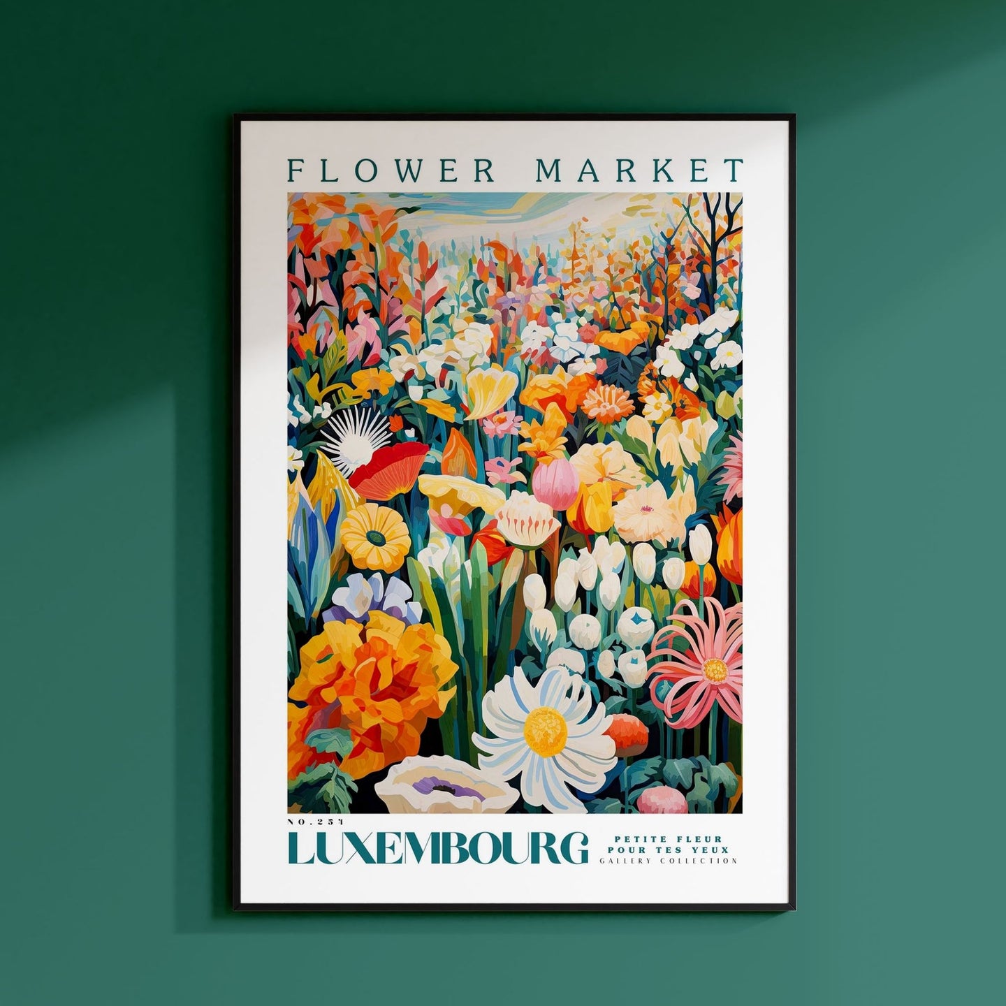 a painting of flowers on a green wall