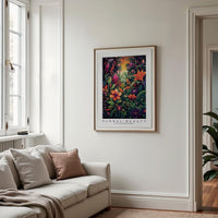 a living room with a couch and a painting on the wall
