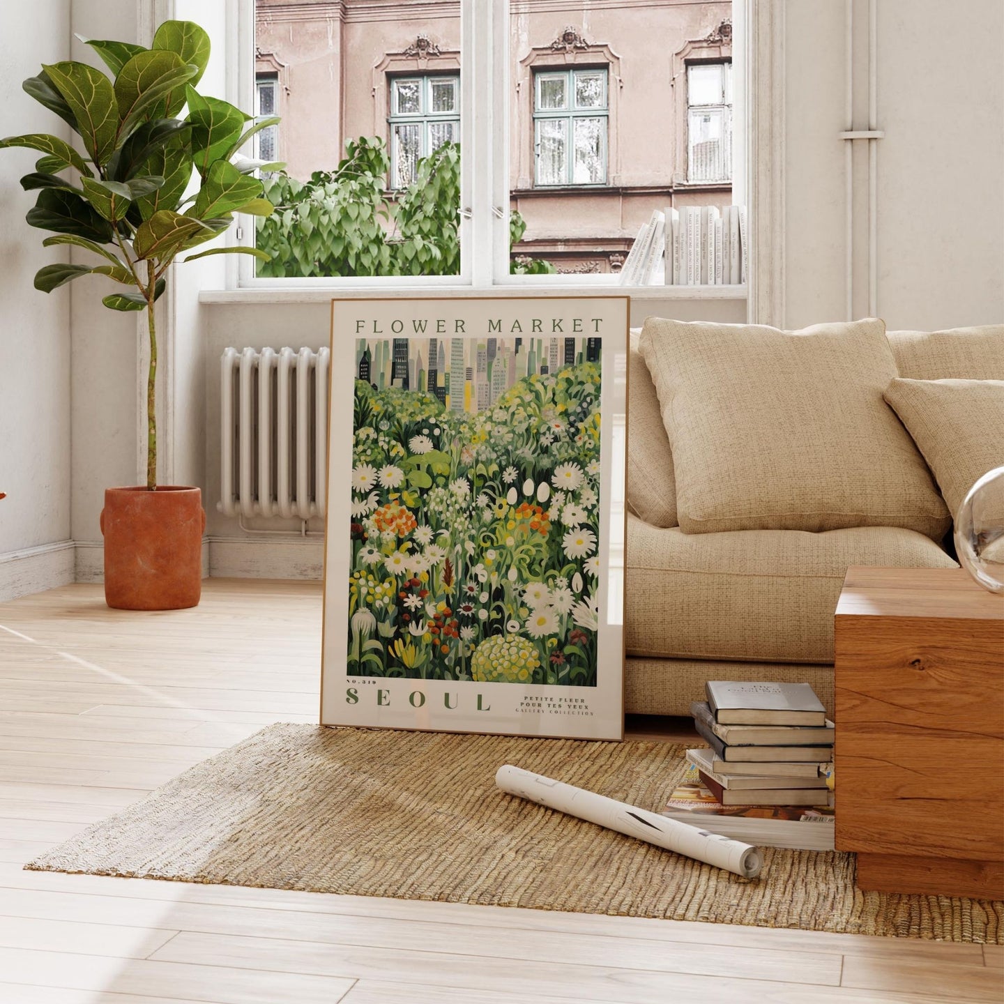 a picture of a flower market on display in a living room