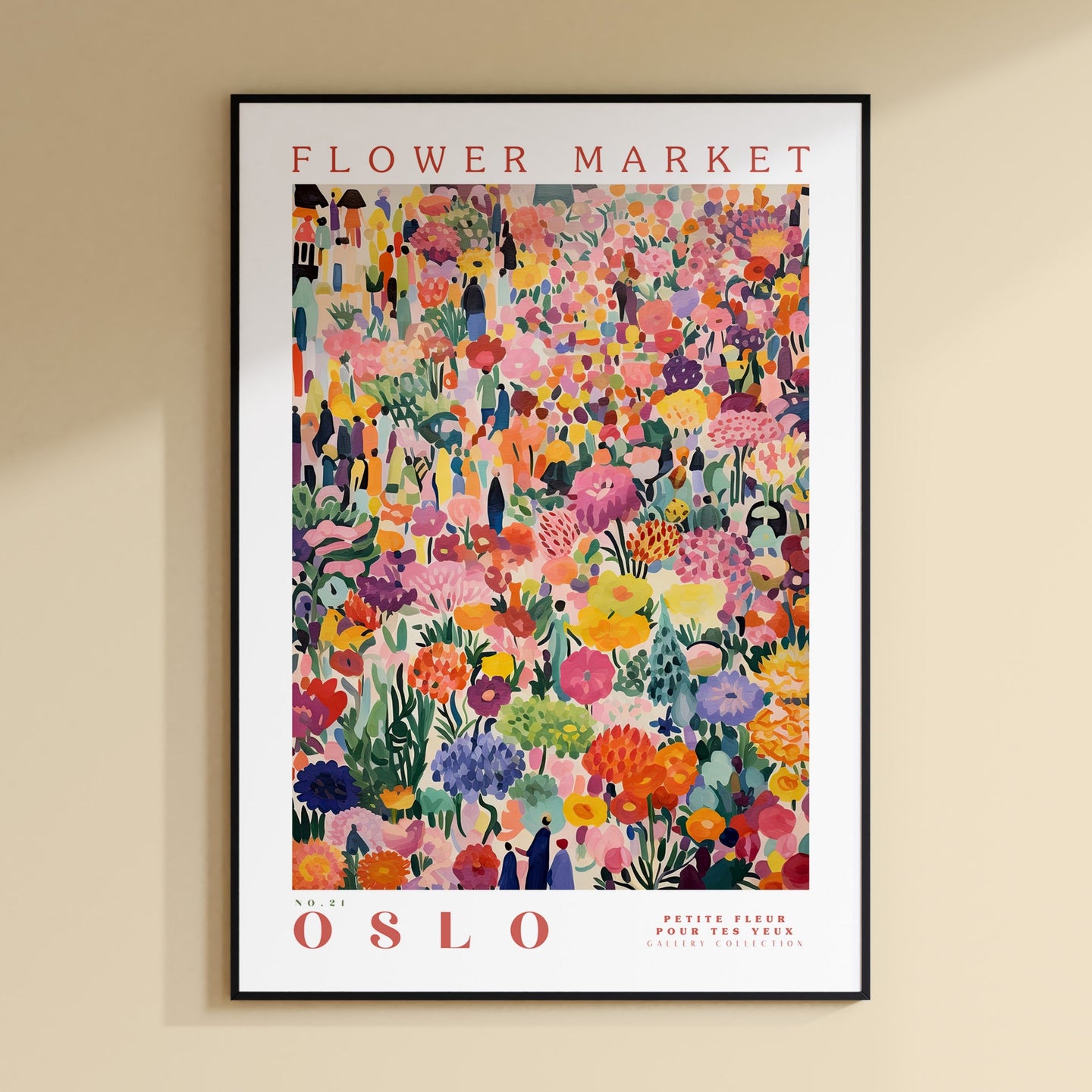 a flower market poster hanging on a wall