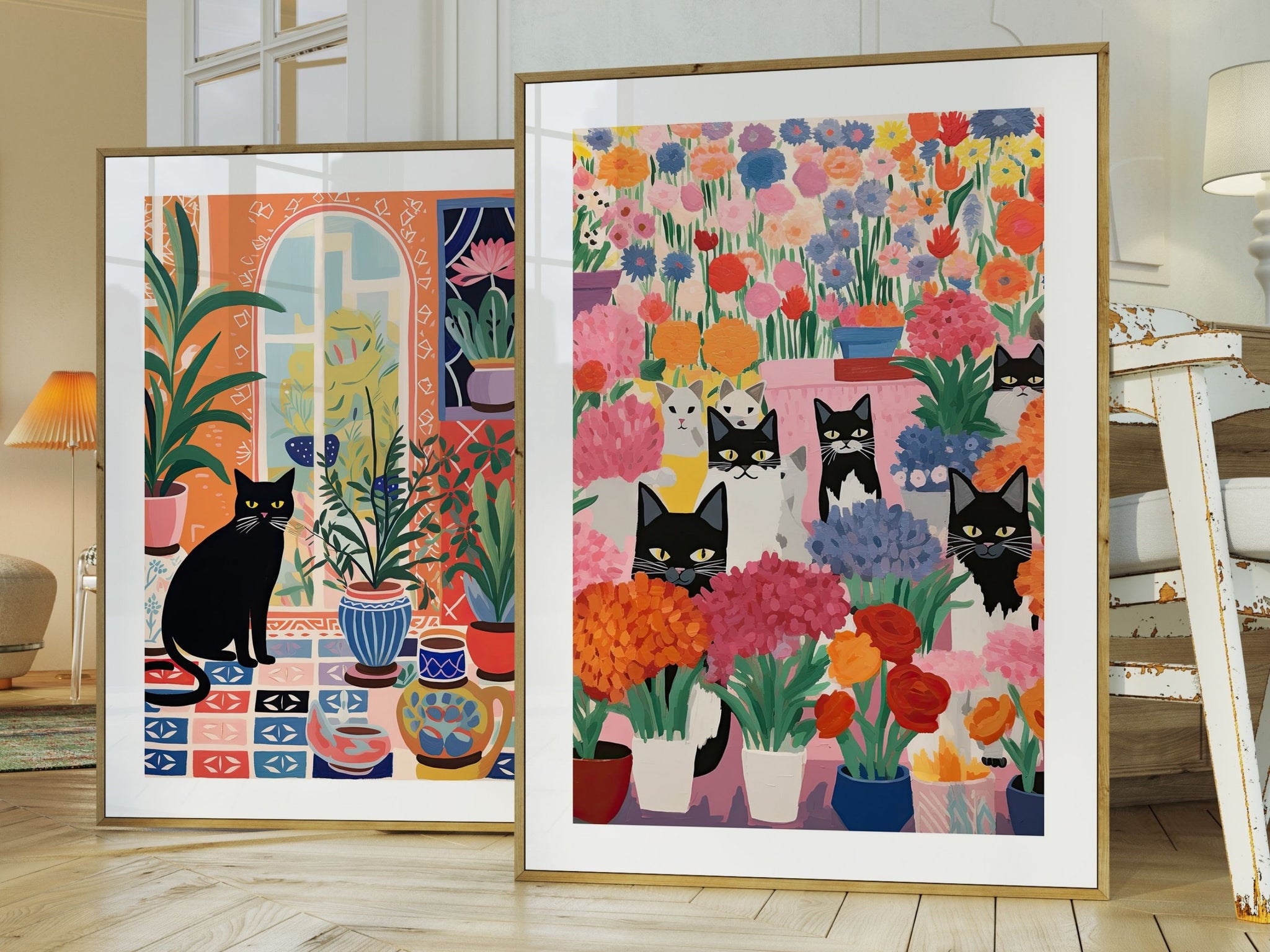 The Pink Gang, Cat Wall Art, Pink and Orange Wall Art, Black Cat Poster, Cute Animal Poster, Nursery Cats Decor, Floral Illustration
