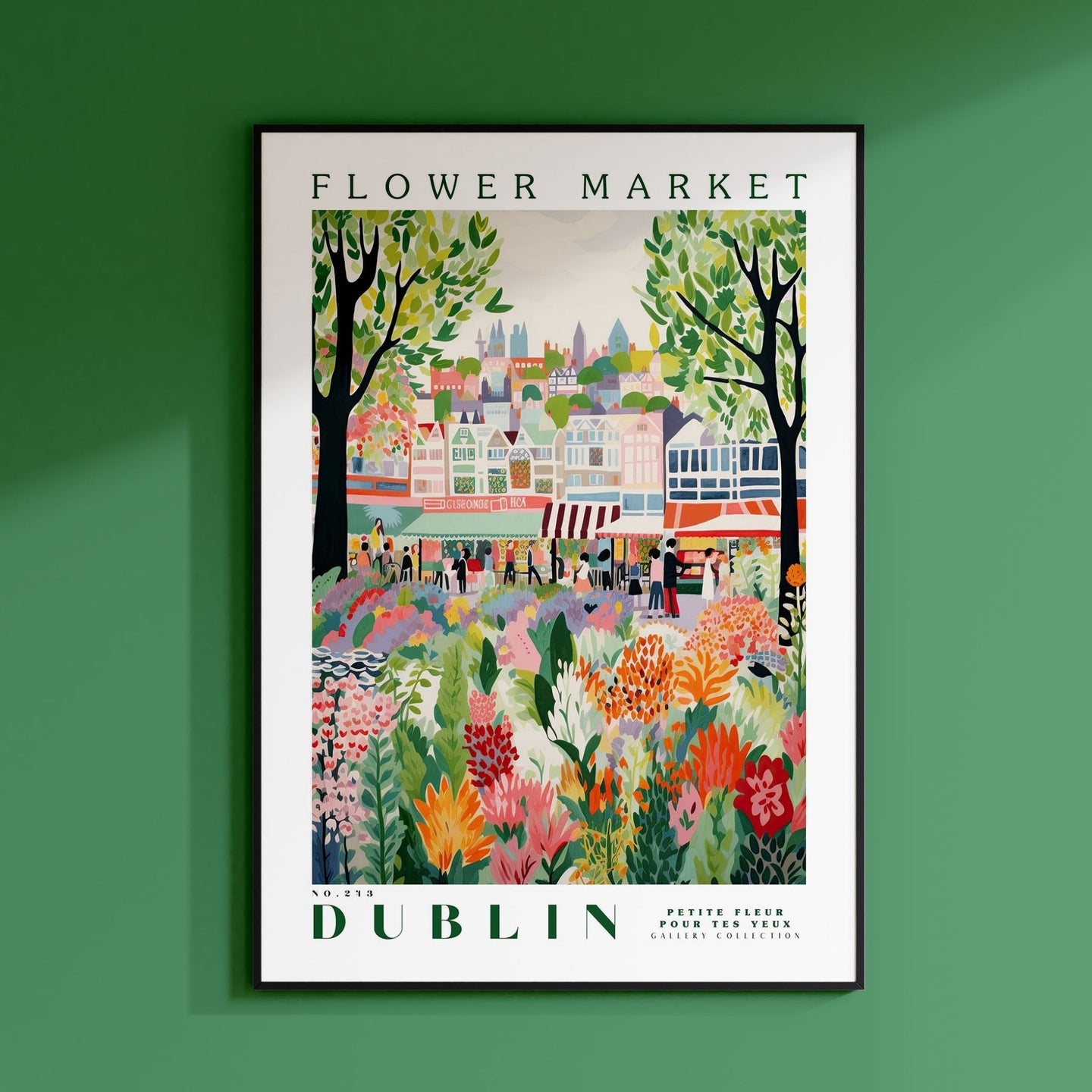 a green wall with a picture of a flower market